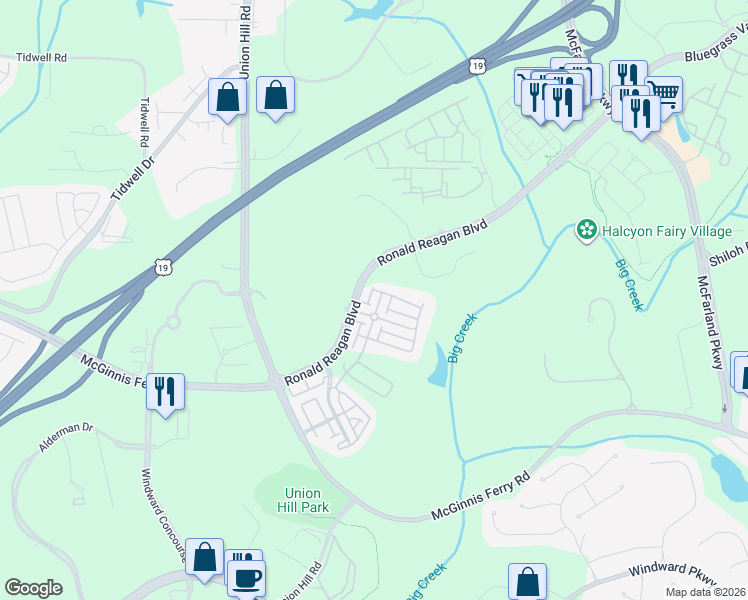 map of restaurants, bars, coffee shops, grocery stores, and more near 7355 Winthrop Road in Alpharetta