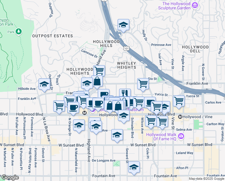 map of restaurants, bars, coffee shops, grocery stores, and more near 1825 North Cherokee Avenue in Los Angeles