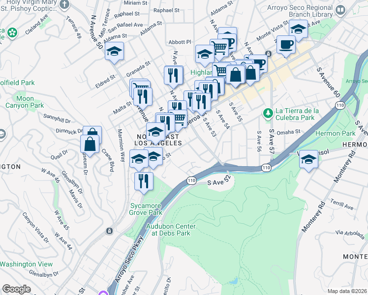 map of restaurants, bars, coffee shops, grocery stores, and more near 5036 Echo Street in Los Angeles