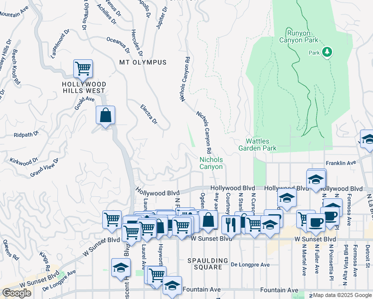 map of restaurants, bars, coffee shops, grocery stores, and more near 7828 West Granito Drive in Los Angeles