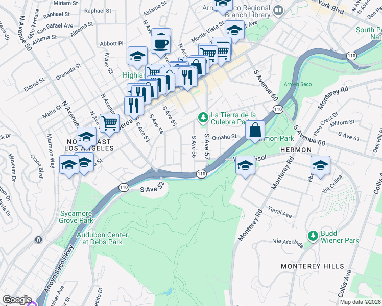 map of restaurants, bars, coffee shops, grocery stores, and more near 340 South Avenue 56 in Los Angeles