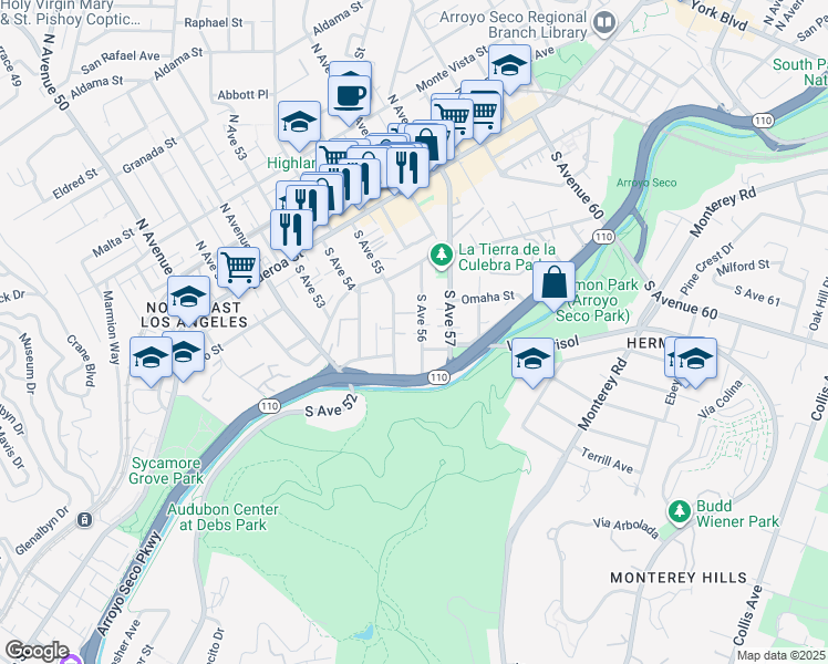 map of restaurants, bars, coffee shops, grocery stores, and more near 340 South Avenue 56 in Los Angeles
