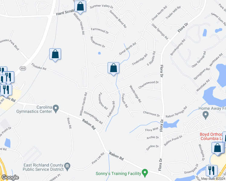 map of restaurants, bars, coffee shops, grocery stores, and more near 420 Westbridge Road in Columbia