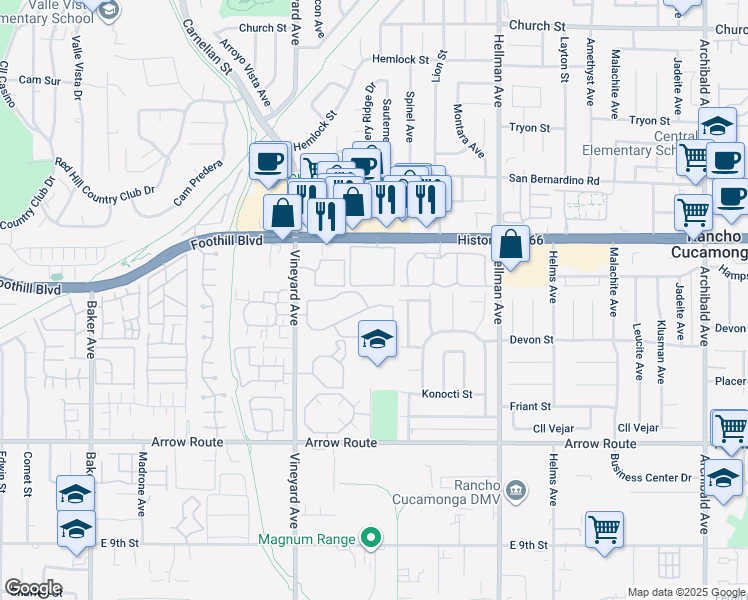 map of restaurants, bars, coffee shops, grocery stores, and more near 8255 Vineyard Avenue in Rancho Cucamonga