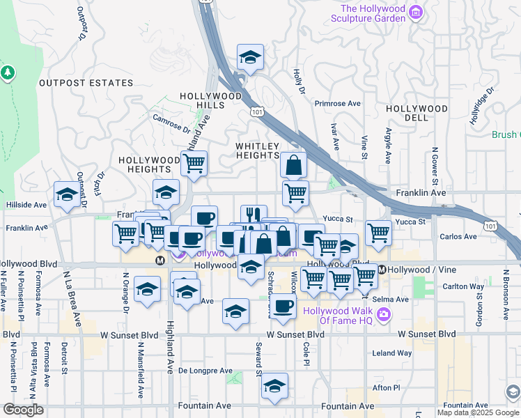 map of restaurants, bars, coffee shops, grocery stores, and more near 1850 Whitley Avenue in Hollywood