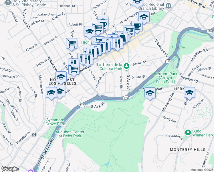 map of restaurants, bars, coffee shops, grocery stores, and more near 257 South Avenue 54 in Los Angeles