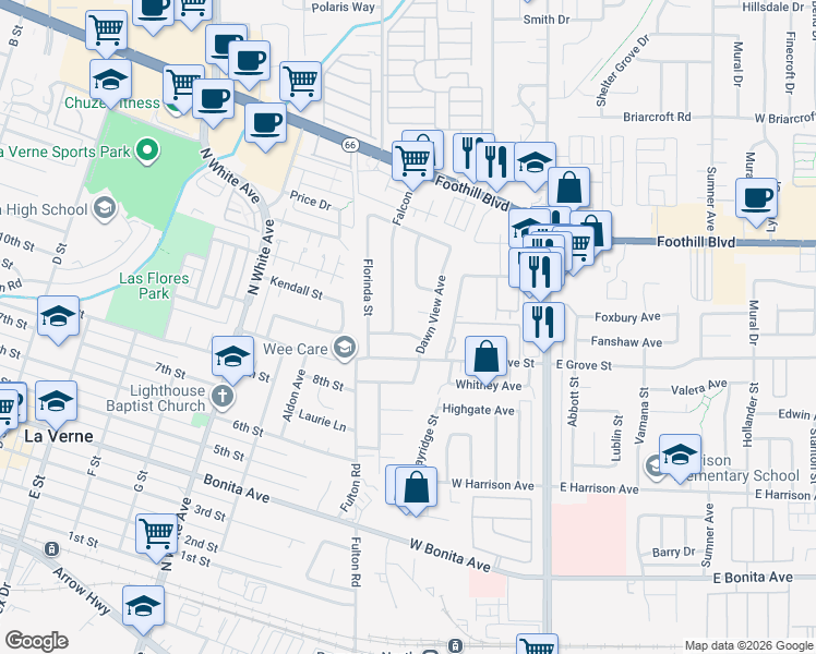 map of restaurants, bars, coffee shops, grocery stores, and more near 371 French Lane in Pomona