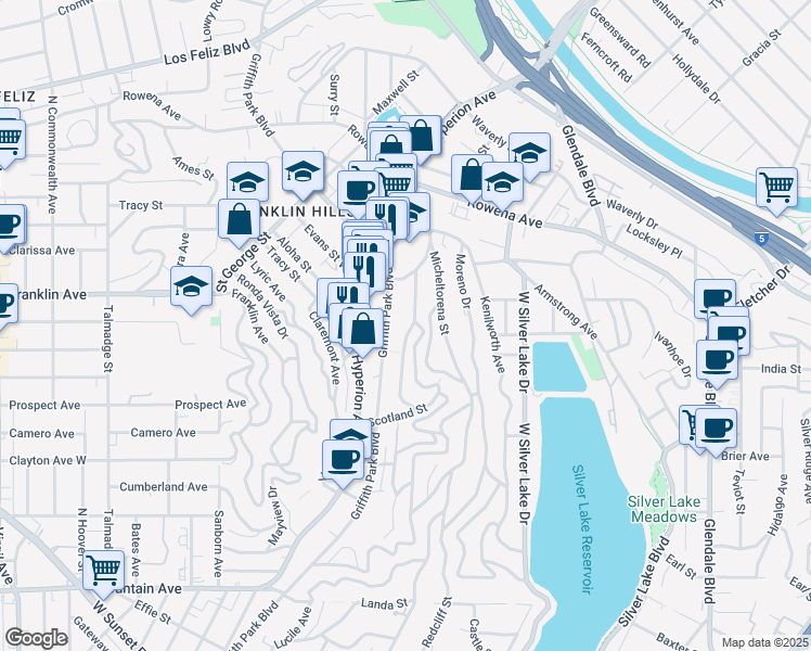 map of restaurants, bars, coffee shops, grocery stores, and more near 2463 Meadow Valley Terrace in Los Angeles