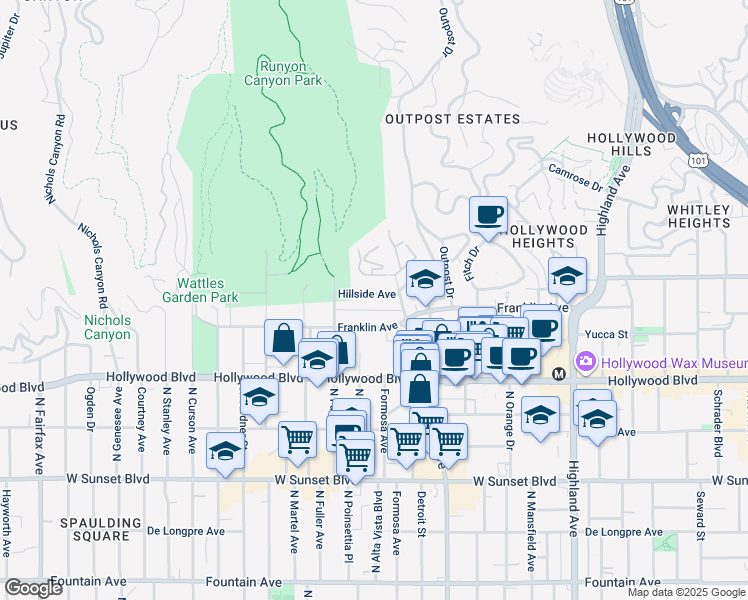 map of restaurants, bars, coffee shops, grocery stores, and more near 7231 Franklin Avenue in Los Angeles