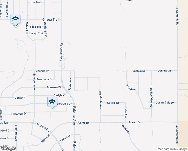 map of restaurants, bars, coffee shops, grocery stores, and more near Del Monte Avenue in Yucca Valley