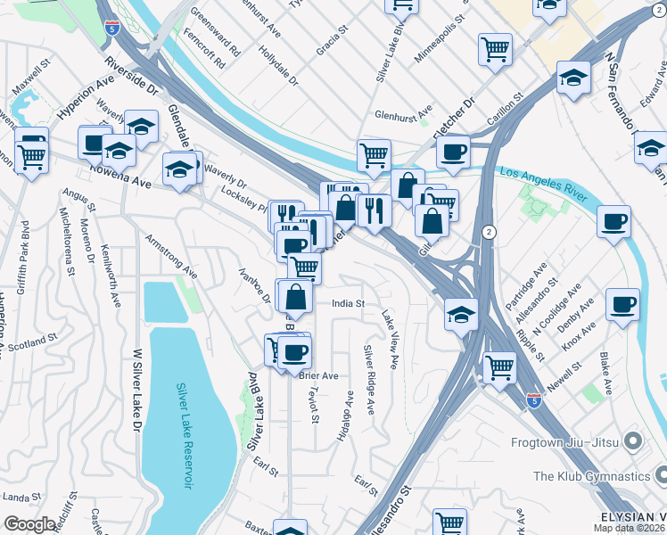 map of restaurants, bars, coffee shops, grocery stores, and more near 2638 Lake View Terrace East in Los Angeles