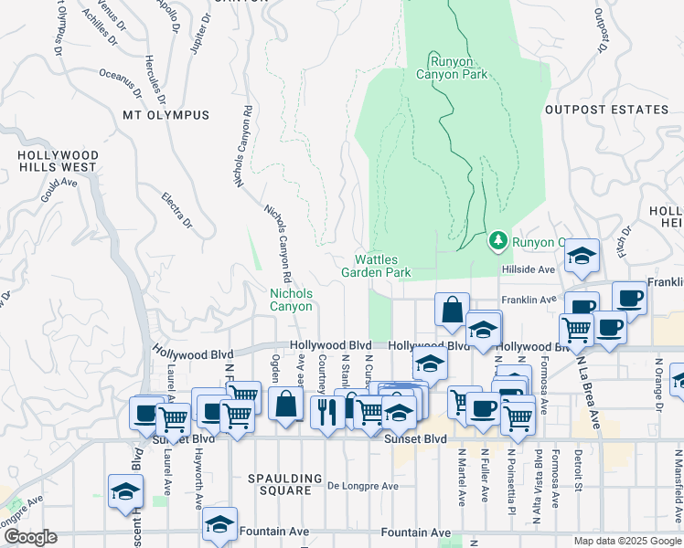 map of restaurants, bars, coffee shops, grocery stores, and more near 1816 North Stanley Avenue in West Hollywood