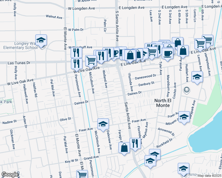 map of restaurants, bars, coffee shops, grocery stores, and more near 5538 Welland Avenue in Temple City