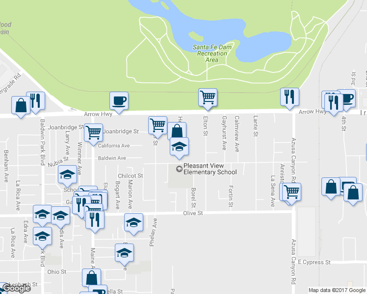 map of restaurants, bars, coffee shops, grocery stores, and more near 5040 Heintz Street in Baldwin Park