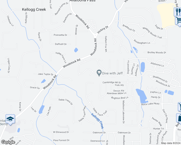 map of restaurants, bars, coffee shops, grocery stores, and more near 300 Queensbury Walk in Acworth