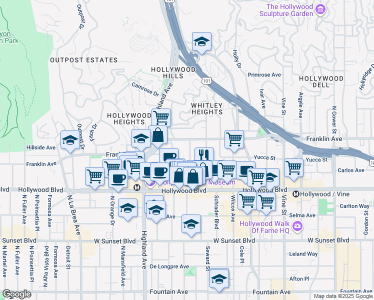 map of restaurants, bars, coffee shops, grocery stores, and more near 1843 North Cherokee Avenue in Los Angeles