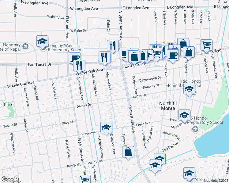 map of restaurants, bars, coffee shops, grocery stores, and more near 5538 Welland Avenue in Temple City