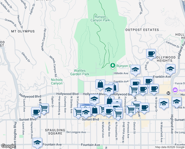 map of restaurants, bars, coffee shops, grocery stores, and more near 7464 Hillside Avenue in Los Angeles