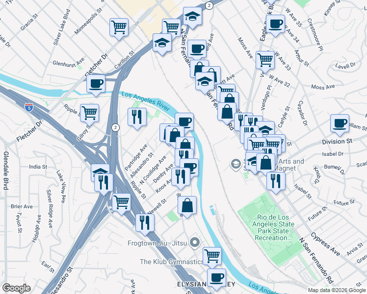 map of restaurants, bars, coffee shops, grocery stores, and more near Denby Avenue in Los Angeles