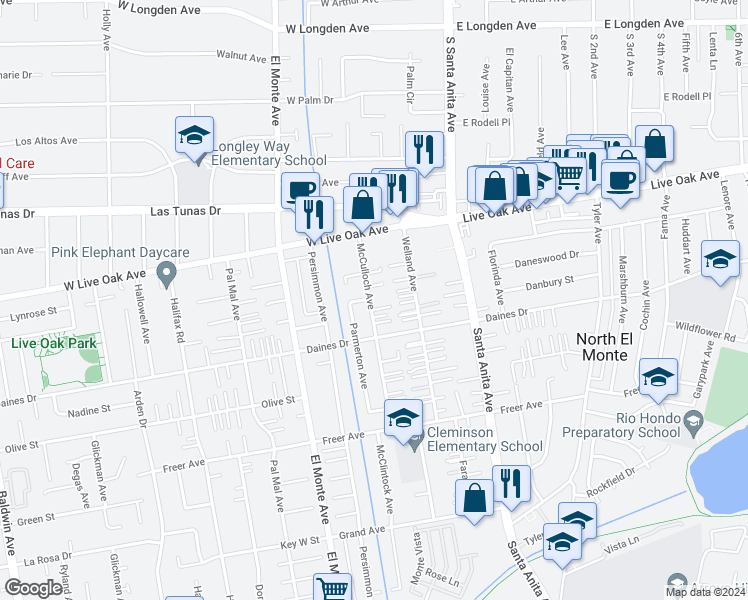 map of restaurants, bars, coffee shops, grocery stores, and more near 5544 McCulloch Avenue in Temple City