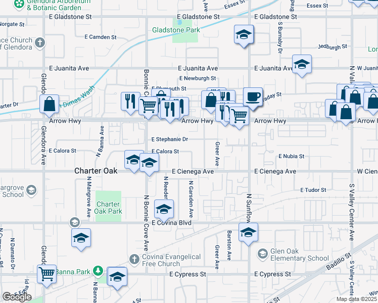 map of restaurants, bars, coffee shops, grocery stores, and more near 20831 East Calora Street in Covina