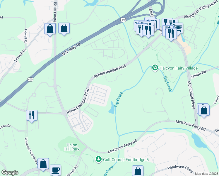 map of restaurants, bars, coffee shops, grocery stores, and more near 7080 Sentara Place in Alpharetta