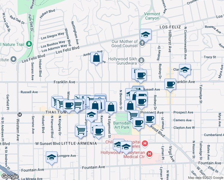 map of restaurants, bars, coffee shops, grocery stores, and more near 1828 North Edgemont Street in Los Angeles