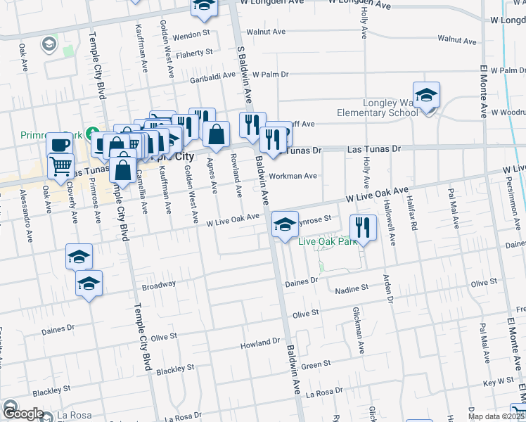 map of restaurants, bars, coffee shops, grocery stores, and more near in Temple City