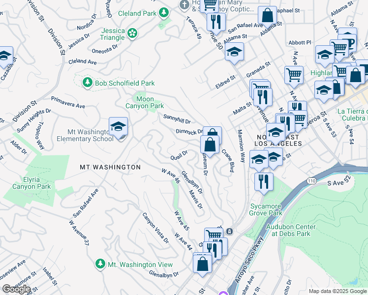 map of restaurants, bars, coffee shops, grocery stores, and more near 576 Milton Court in Los Angeles