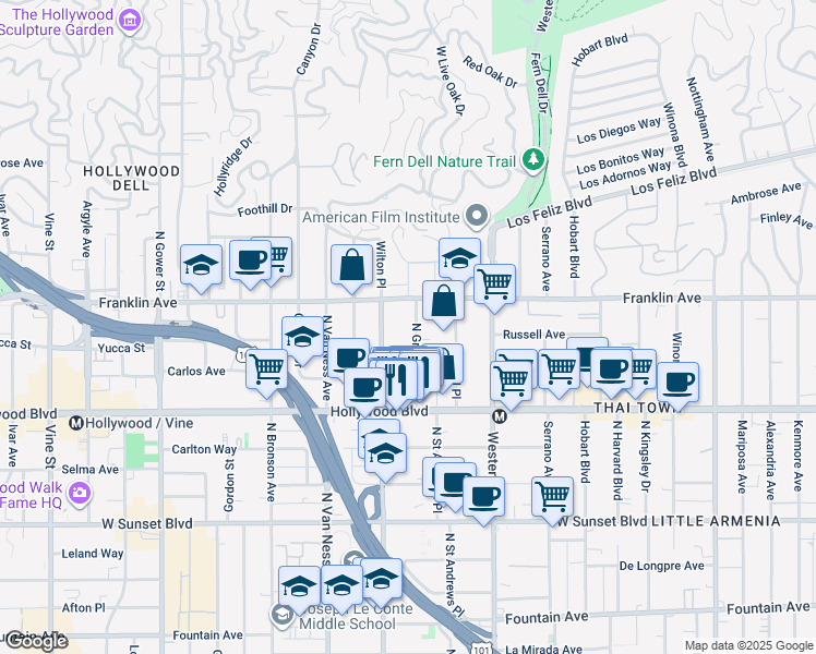 map of restaurants, bars, coffee shops, grocery stores, and more near 1837 North Gramercy Place in Los Angeles