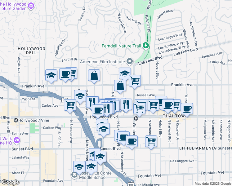 map of restaurants, bars, coffee shops, grocery stores, and more near 1825 North Gramercy Place in Los Angeles