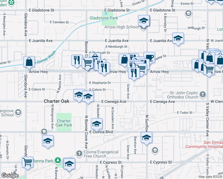 map of restaurants, bars, coffee shops, grocery stores, and more near 20835 East Calora Street in Covina