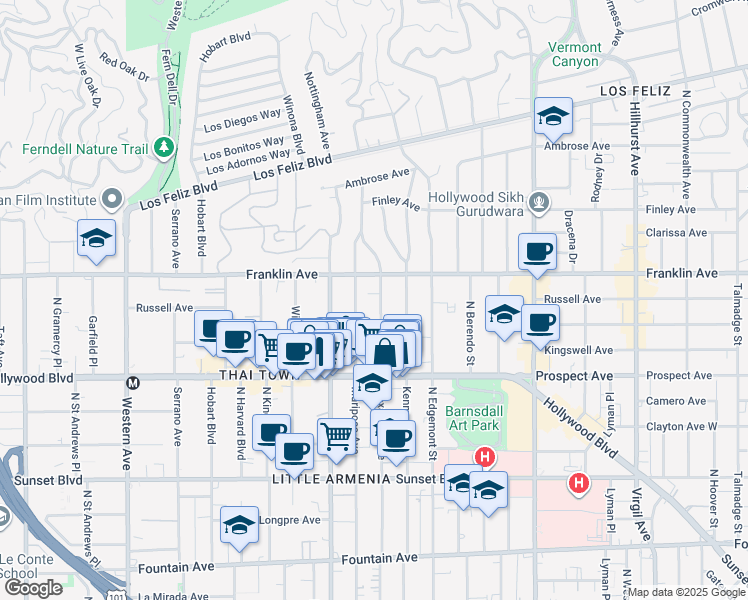 map of restaurants, bars, coffee shops, grocery stores, and more near 1835 Alexandria Avenue in Los Angeles