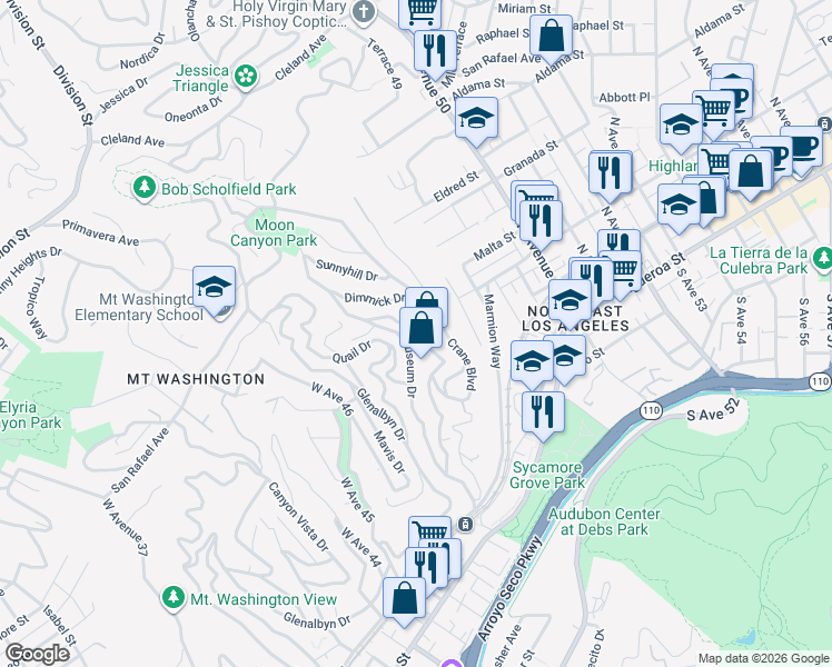 map of restaurants, bars, coffee shops, grocery stores, and more near 475 Rustic Drive in Los Angeles