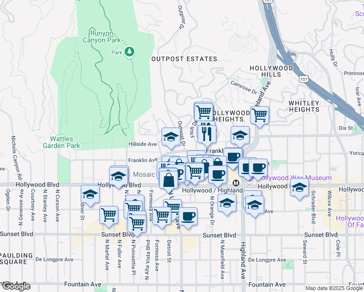 map of restaurants, bars, coffee shops, grocery stores, and more near 1805 Outpost Drive in Los Angeles