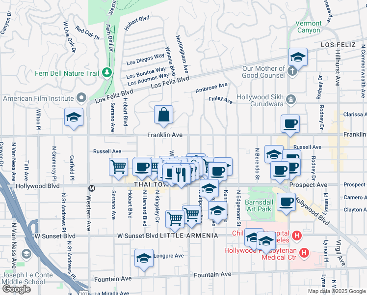 map of restaurants, bars, coffee shops, grocery stores, and more near 1833 Normandie Avenue in Los Angeles
