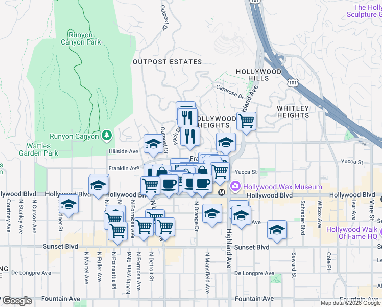map of restaurants, bars, coffee shops, grocery stores, and more near 7036 Franklin Avenue in Los Angeles