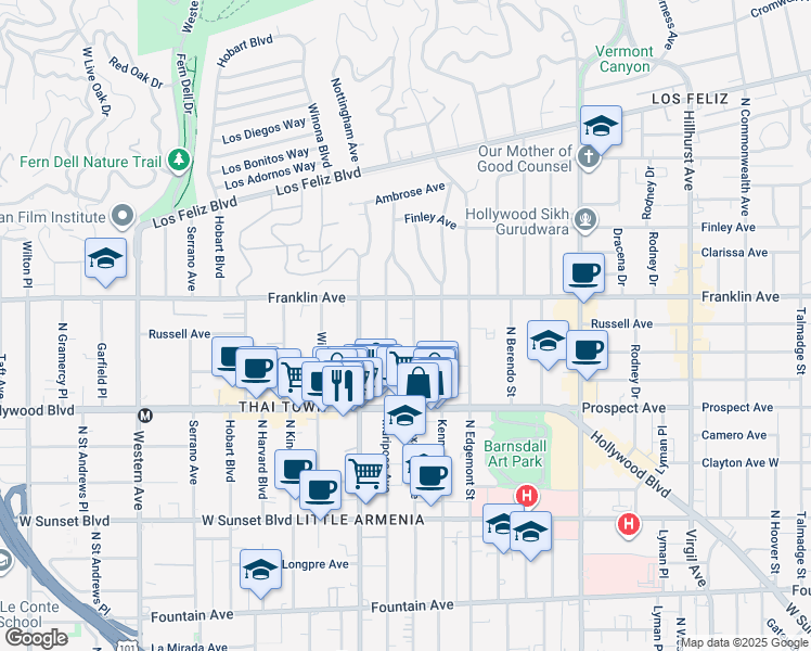 map of restaurants, bars, coffee shops, grocery stores, and more near 1835 Alexandria Avenue in Los Angeles