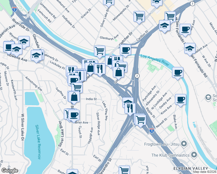 map of restaurants, bars, coffee shops, grocery stores, and more near 2592 Adelbert Avenue in Los Angeles