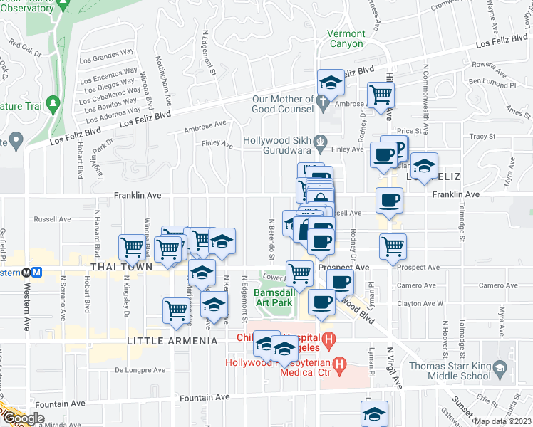 map of restaurants, bars, coffee shops, grocery stores, and more near 1831 North Berendo Street in Los Angeles