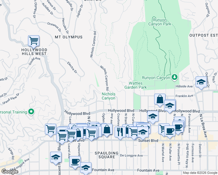 map of restaurants, bars, coffee shops, grocery stores, and more near 1809 Nichols Canyon Road in Los Angeles