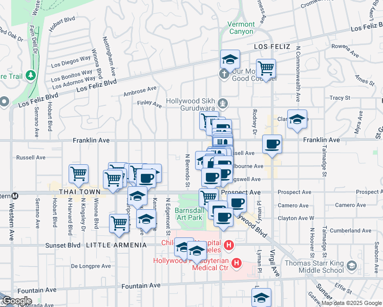 map of restaurants, bars, coffee shops, grocery stores, and more near 1830 North Berendo Street in Los Angeles