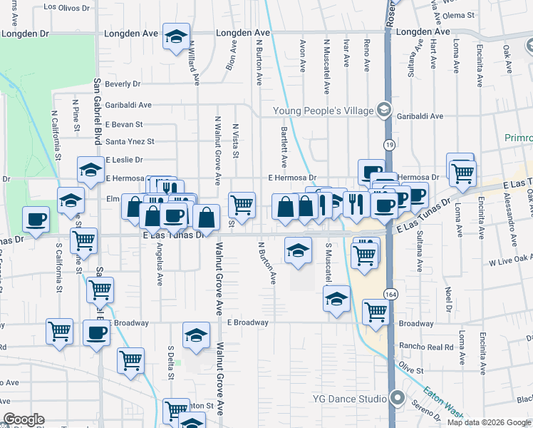 map of restaurants, bars, coffee shops, grocery stores, and more near 114 North Burton Avenue in San Gabriel