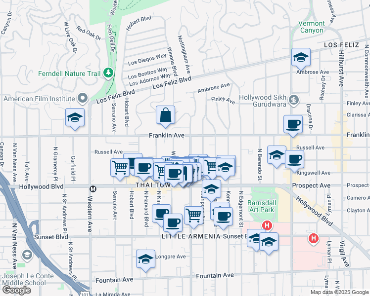 map of restaurants, bars, coffee shops, grocery stores, and more near 1833 Normandie Avenue in Los Angeles