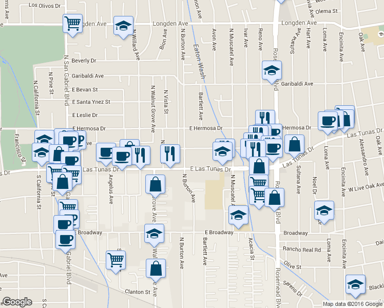 map of restaurants, bars, coffee shops, grocery stores, and more near 1230 Elm Avenue in San Gabriel