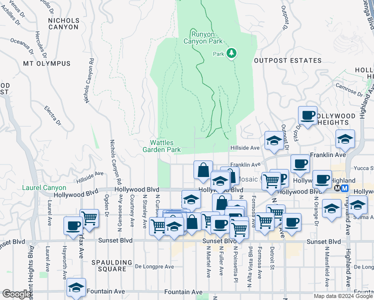 map of restaurants, bars, coffee shops, grocery stores, and more near 7464 Hillside Avenue in Los Angeles