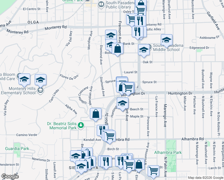 map of restaurants, bars, coffee shops, grocery stores, and more near 1829 Ramona Avenue in South Pasadena