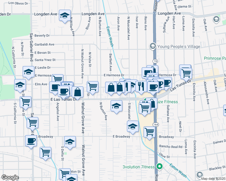 map of restaurants, bars, coffee shops, grocery stores, and more near in San Gabriel