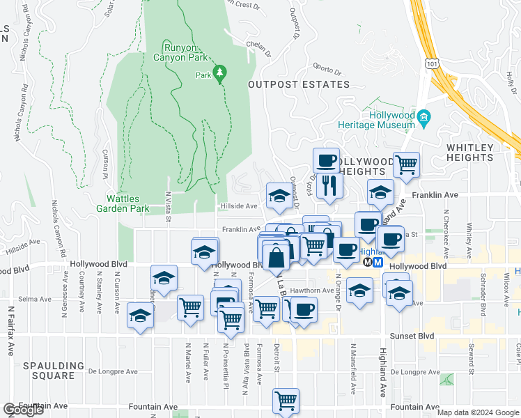 map of restaurants, bars, coffee shops, grocery stores, and more near 1837 N La Brea Ave in Los Angeles