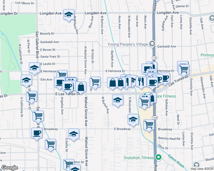 map of restaurants, bars, coffee shops, grocery stores, and more near 1230 Elm Avenue in San Gabriel